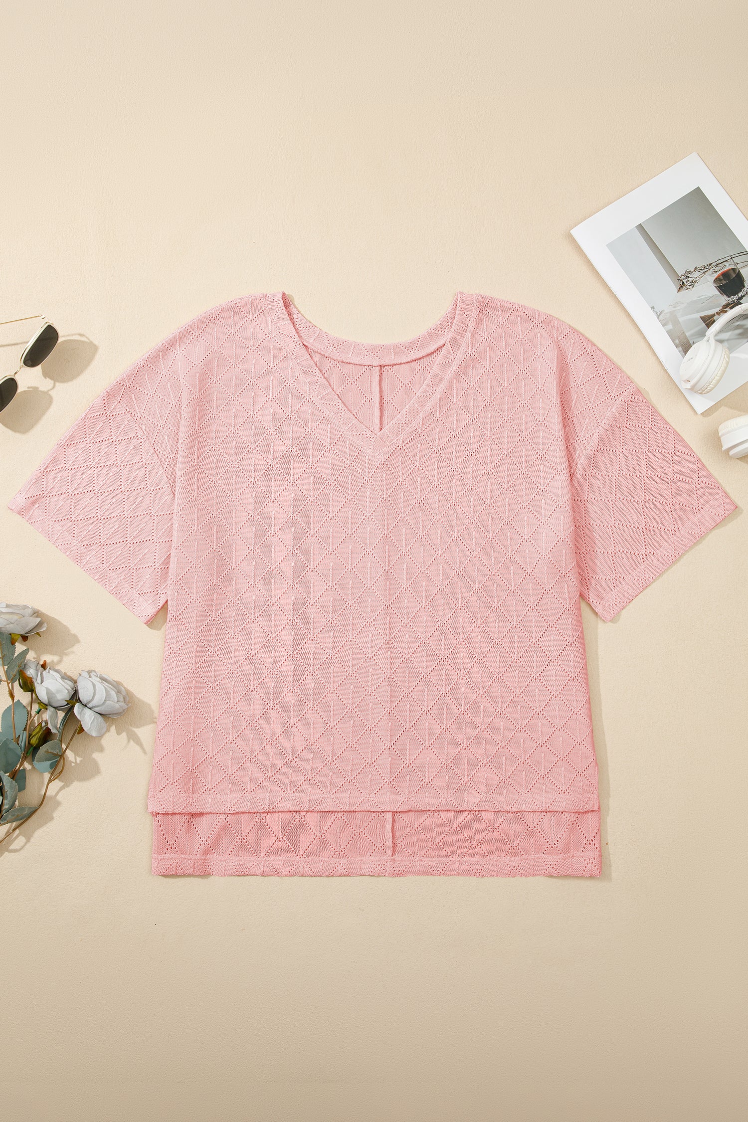 Light Pink Pointelle Rhombus Knit Plus Size V Neck Loose Top