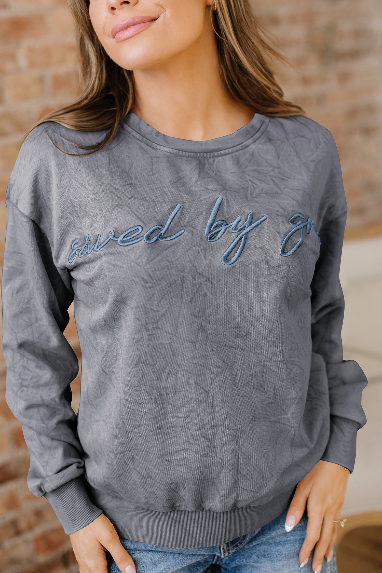 High-rise saved by grace Letter Embroidery Mineral Wash Loose Sweatshirt