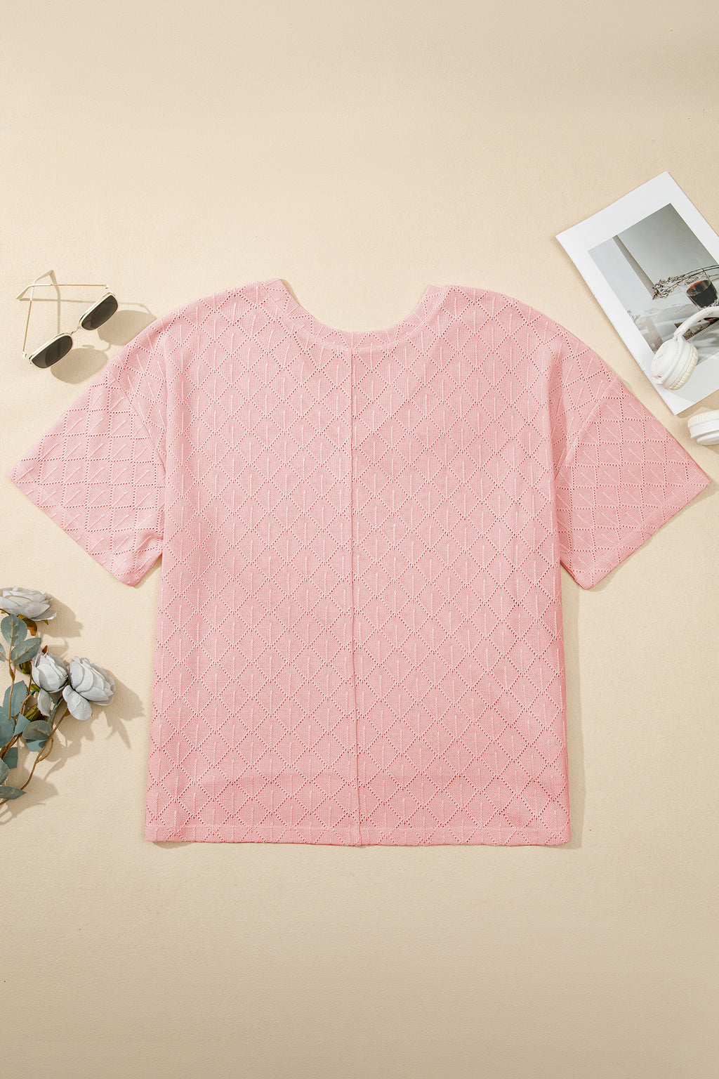 Light Pink Pointelle Rhombus Knit Plus Size V Neck Loose Top