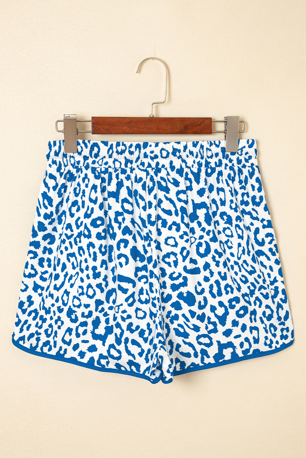 Blue Leopard Elastic Waistband Lace up Contrast Trim Casual Shorts