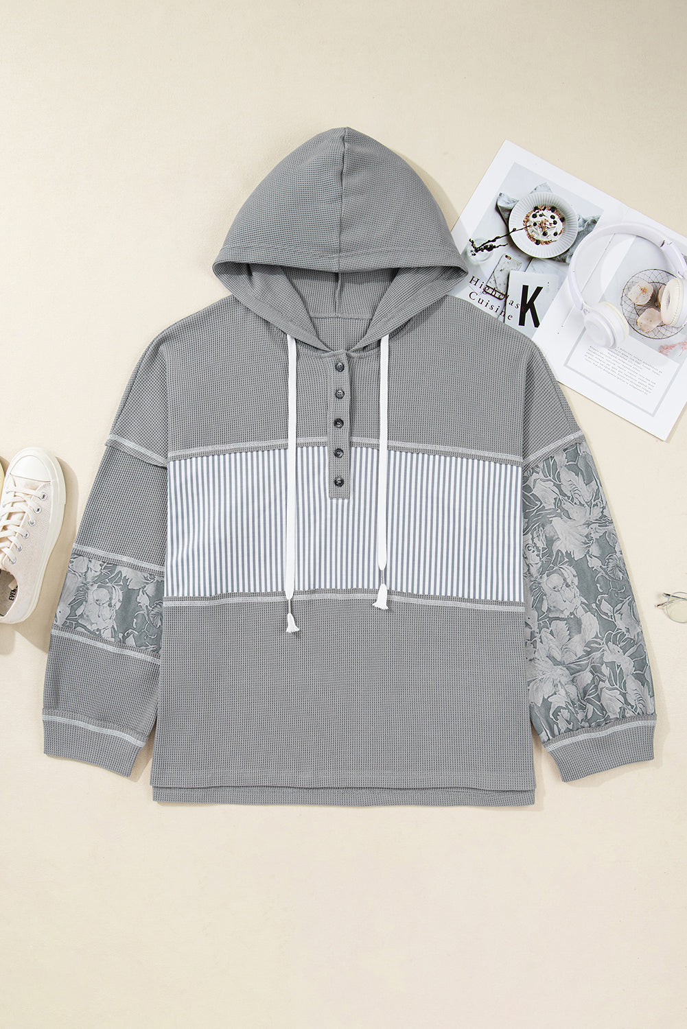 Gray Mixed Pattern Waffle Knit Patchwork Half Buttons Plus Hooded Top