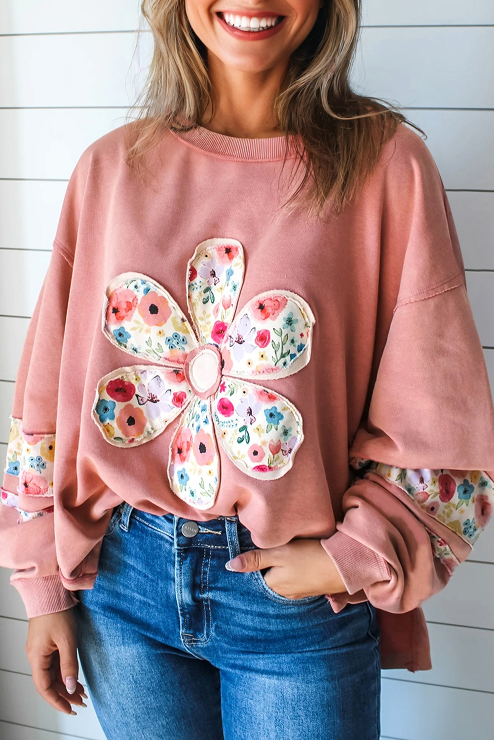 Peach Blossom Floral Applique Baggy Pullover Sweatshirt
