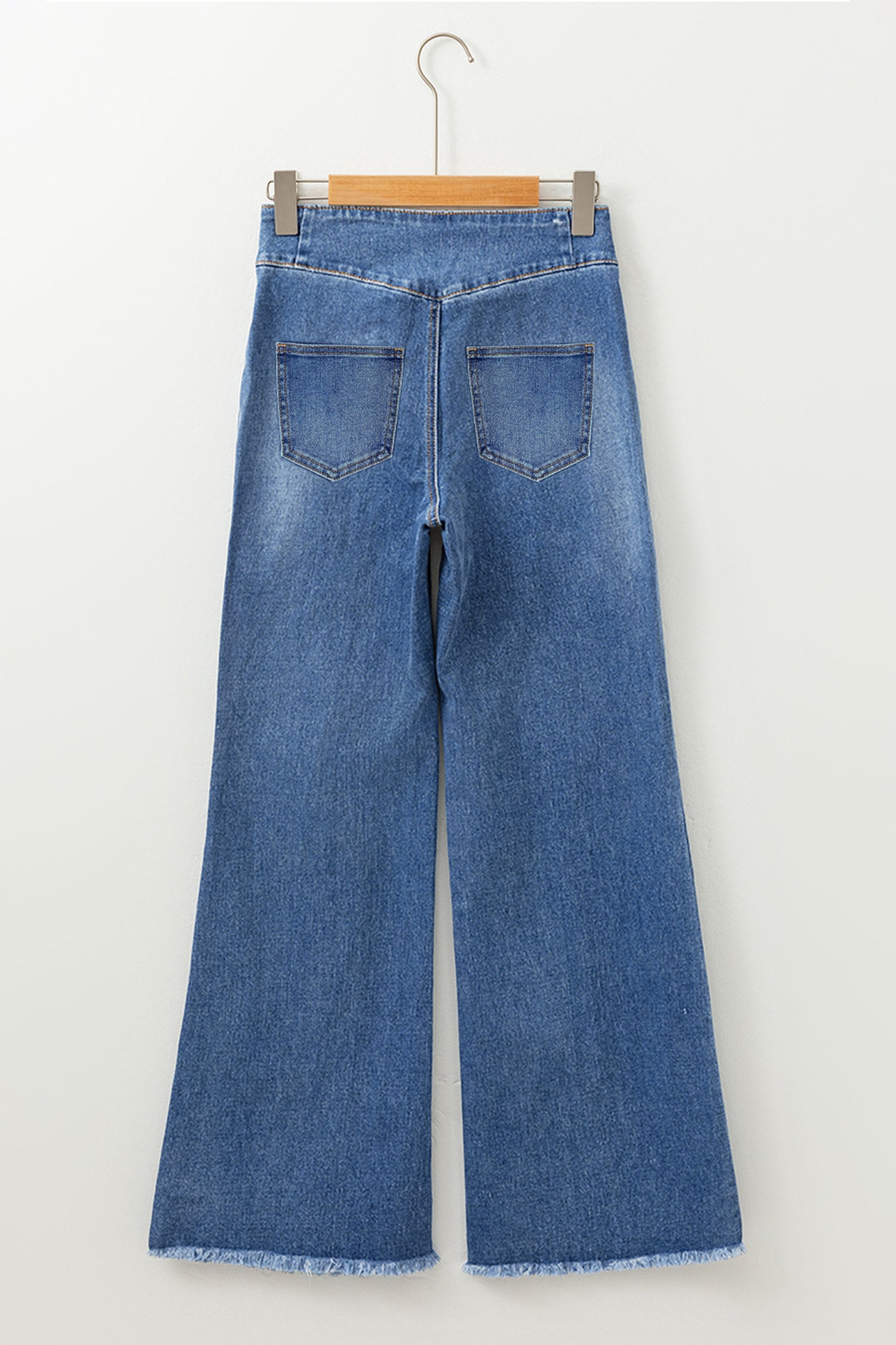 Sail Blue High Waist Button Fly Seamed Raw Hem Flare Jeans