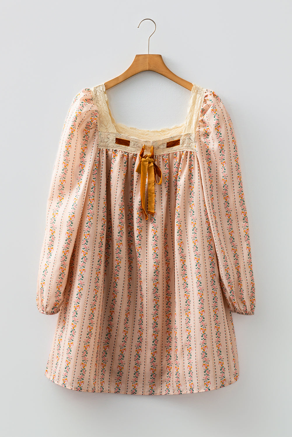 Khaki Floral Print Contrast Velvet Bow Lace Patchwork Long Sleeve Loose Mini Dress