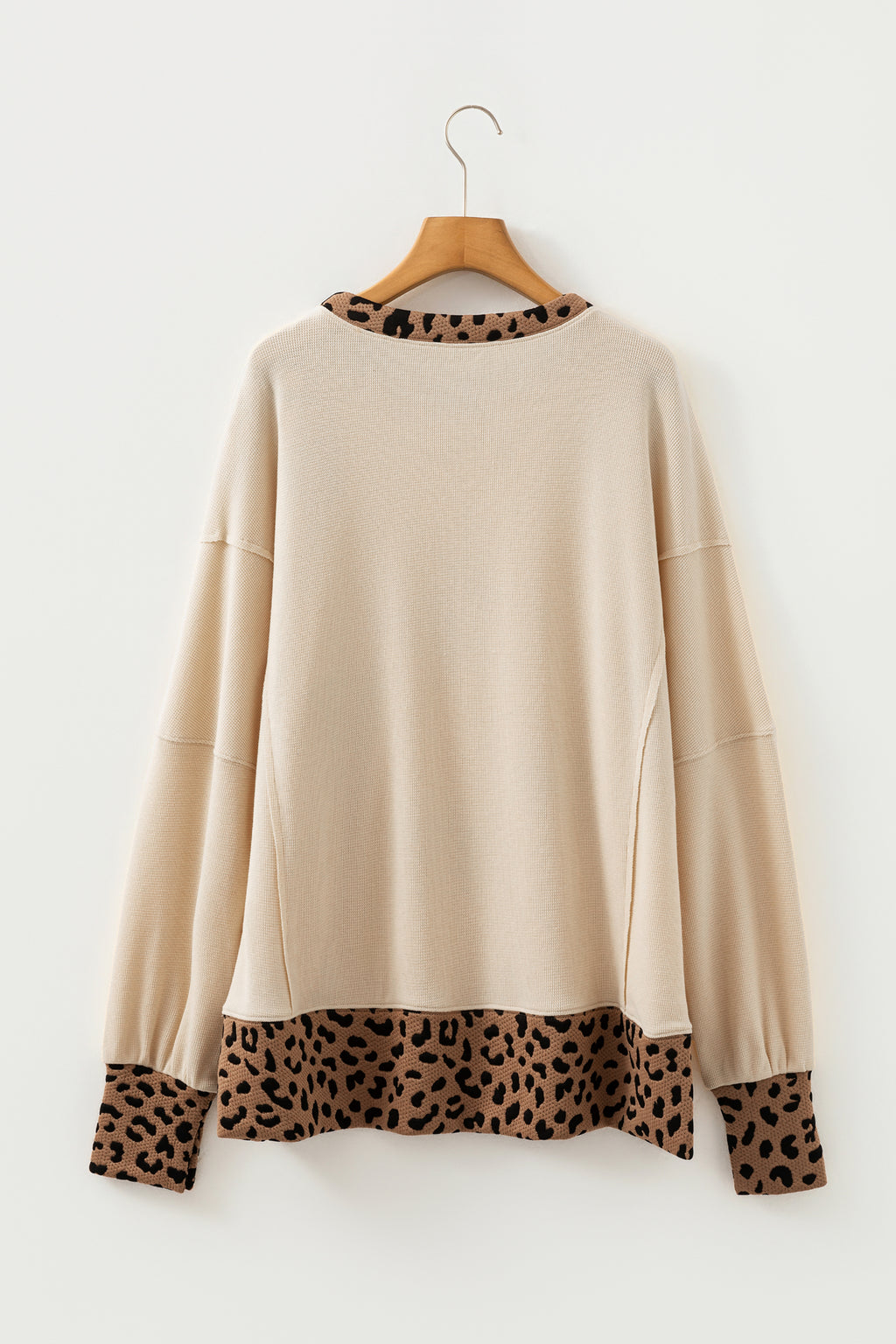 Beige Contrast Leopard Star Patchwork Detail Raw Seam Baggy Sweatshirt