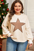 Beige Star Shape Studded Crew Neck Plus Size T Shirt