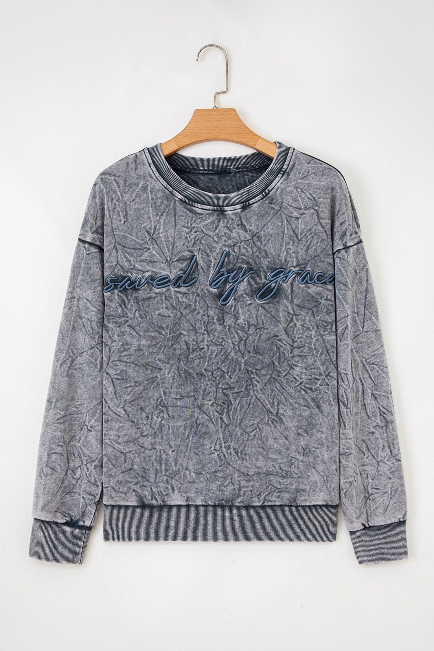 High-rise saved by grace Letter Embroidery Mineral Wash Loose Sweatshirt