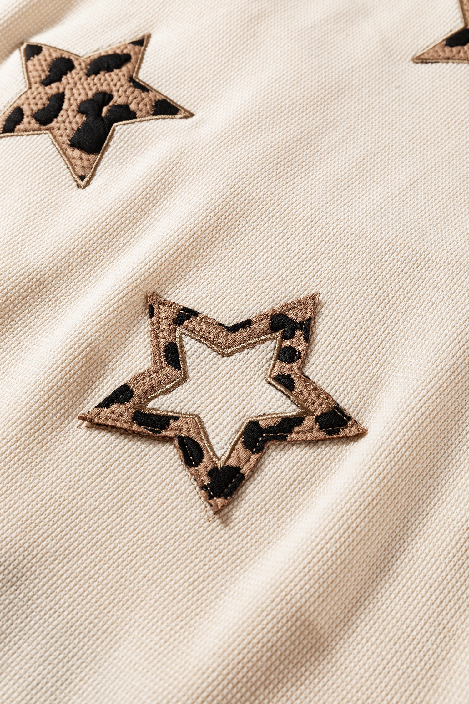 Beige Contrast Leopard Star Patchwork Detail Raw Seam Baggy Sweatshirt