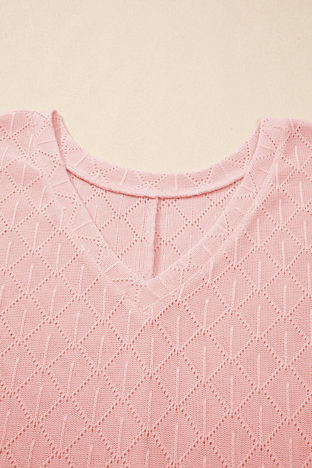 Light Pink Pointelle Rhombus Knit Plus Size V Neck Loose Top