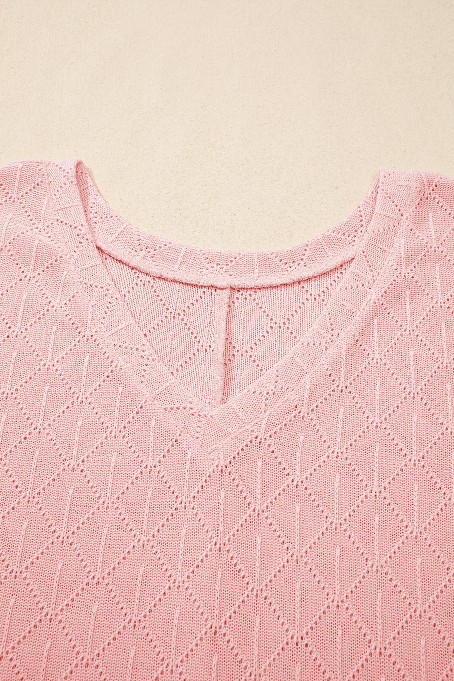 Light Pink Pointelle Rhombus Knit Plus Size V Neck Loose Top