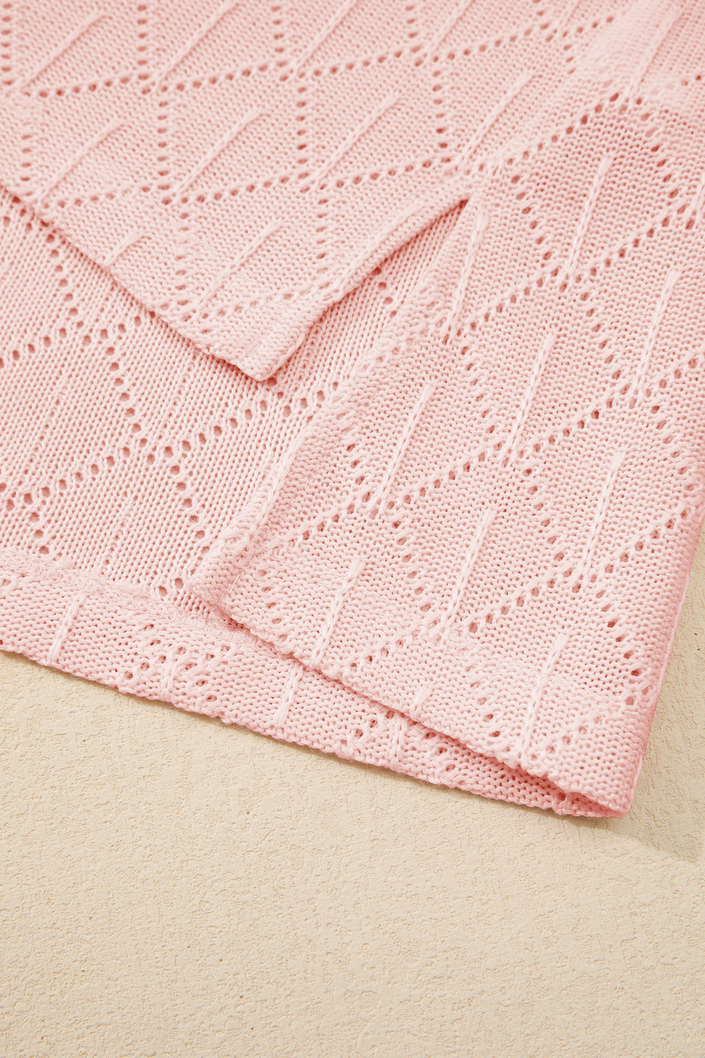 Light Pink Pointelle Rhombus Knit Plus Size V Neck Loose Top