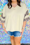 Apricot V Neck Exposed Seam Leopard Color Block Patchwork Half Sleeve Top