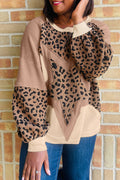 Light French Beige Leopard Star Color Block Patchwork Textured Baggy Sweatshirt