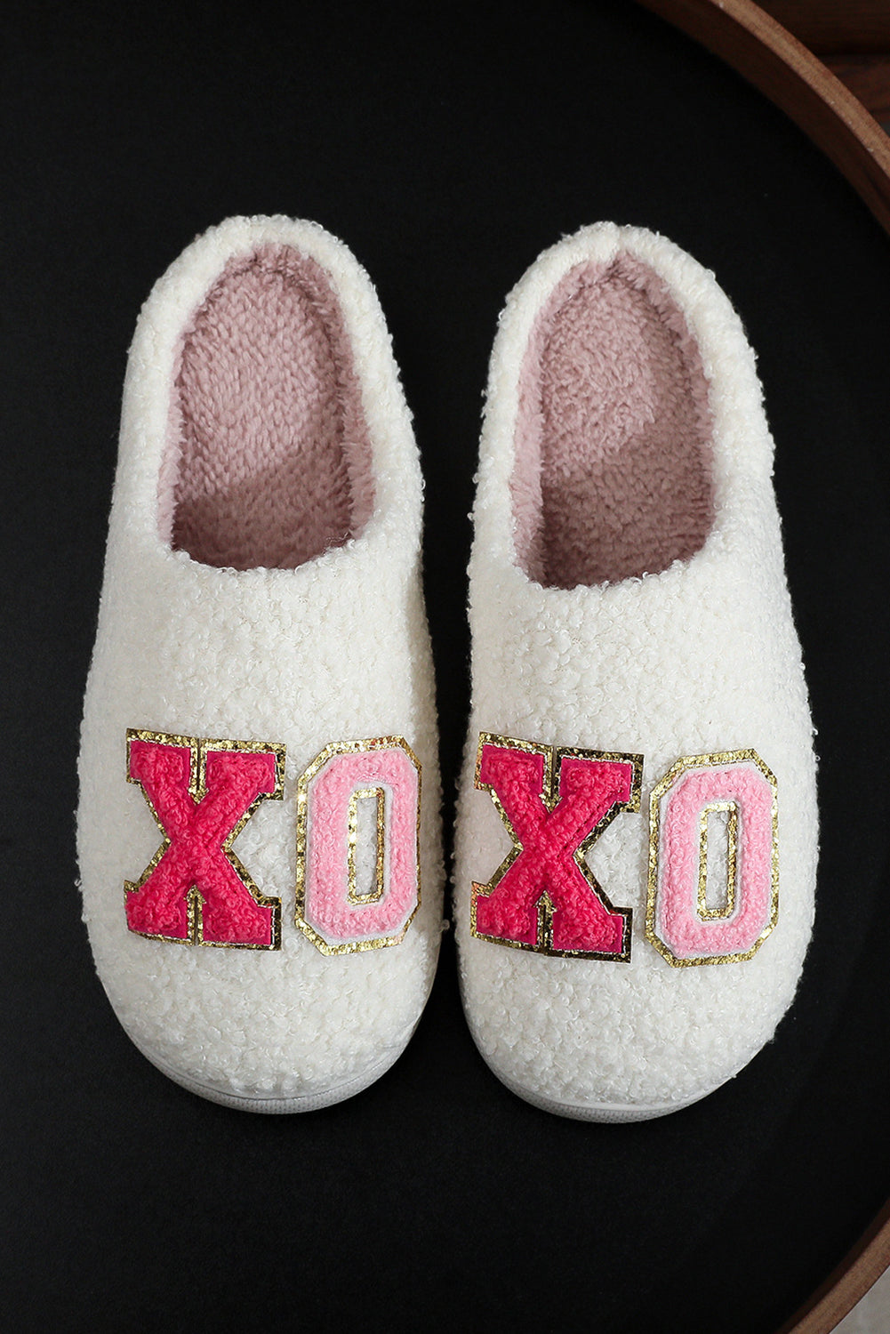 White XO XO Glitter Trim Letter Patched Plush House Slippers