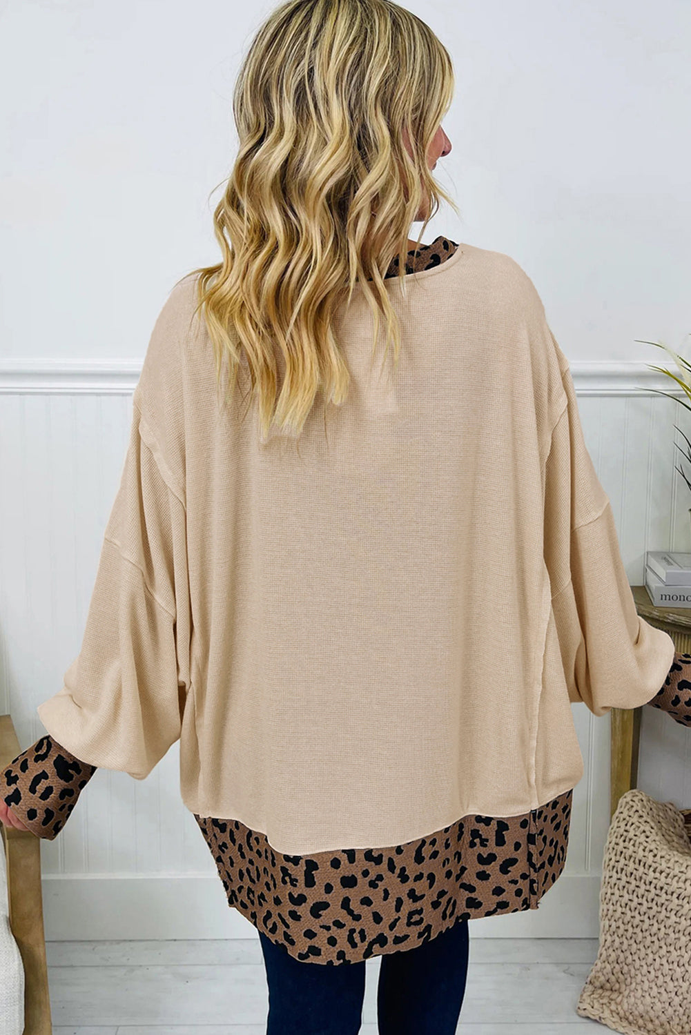 Beige Contrast Leopard Star Patchwork Detail Raw Seam Baggy Sweatshirt