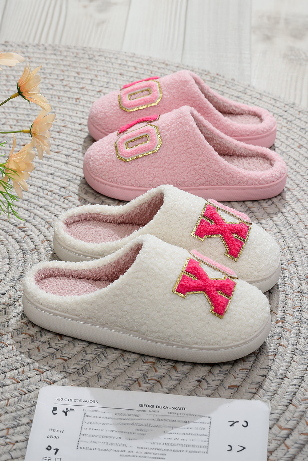 Pink XO XO Glitter Trim Letter Patched Plush House Slippers