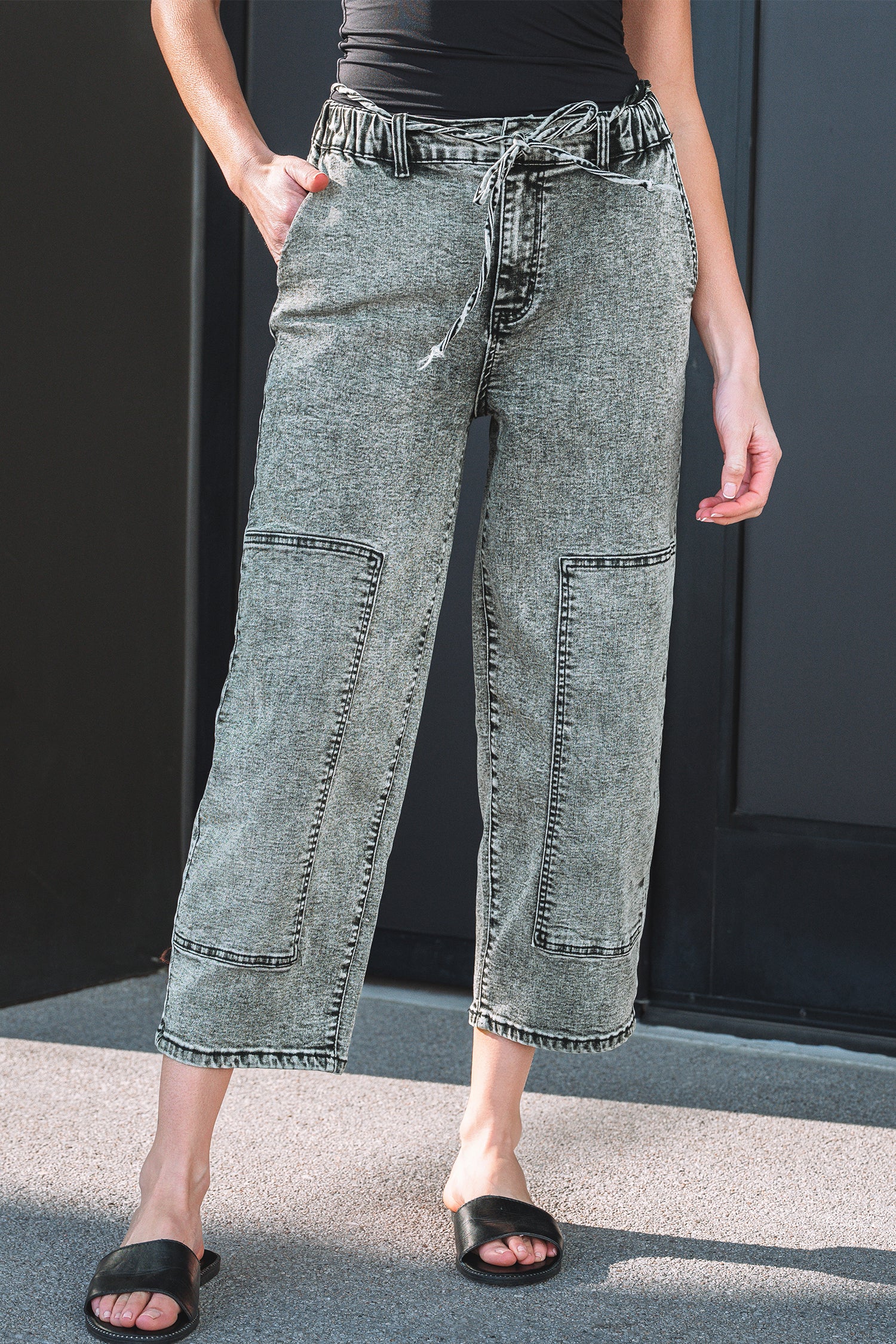 Gray Acid Wash Barrel Fit Denim Pants with Waist String