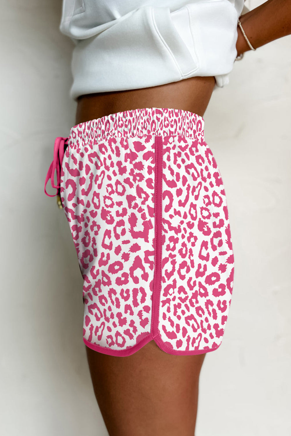 Pink Leopard Elastic Waistband Lace up Contrast Trim Casual Shorts