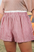 Pink Contrast Trim Plaid Print Plus Size Shorts