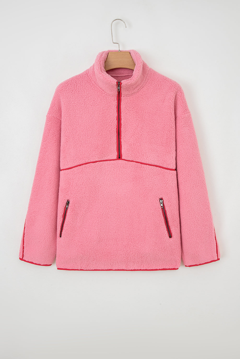 Strawberry Pink Sherpa Contrast Faux Leather Trim Half Zip Pocketed Pullover Sweatshirt