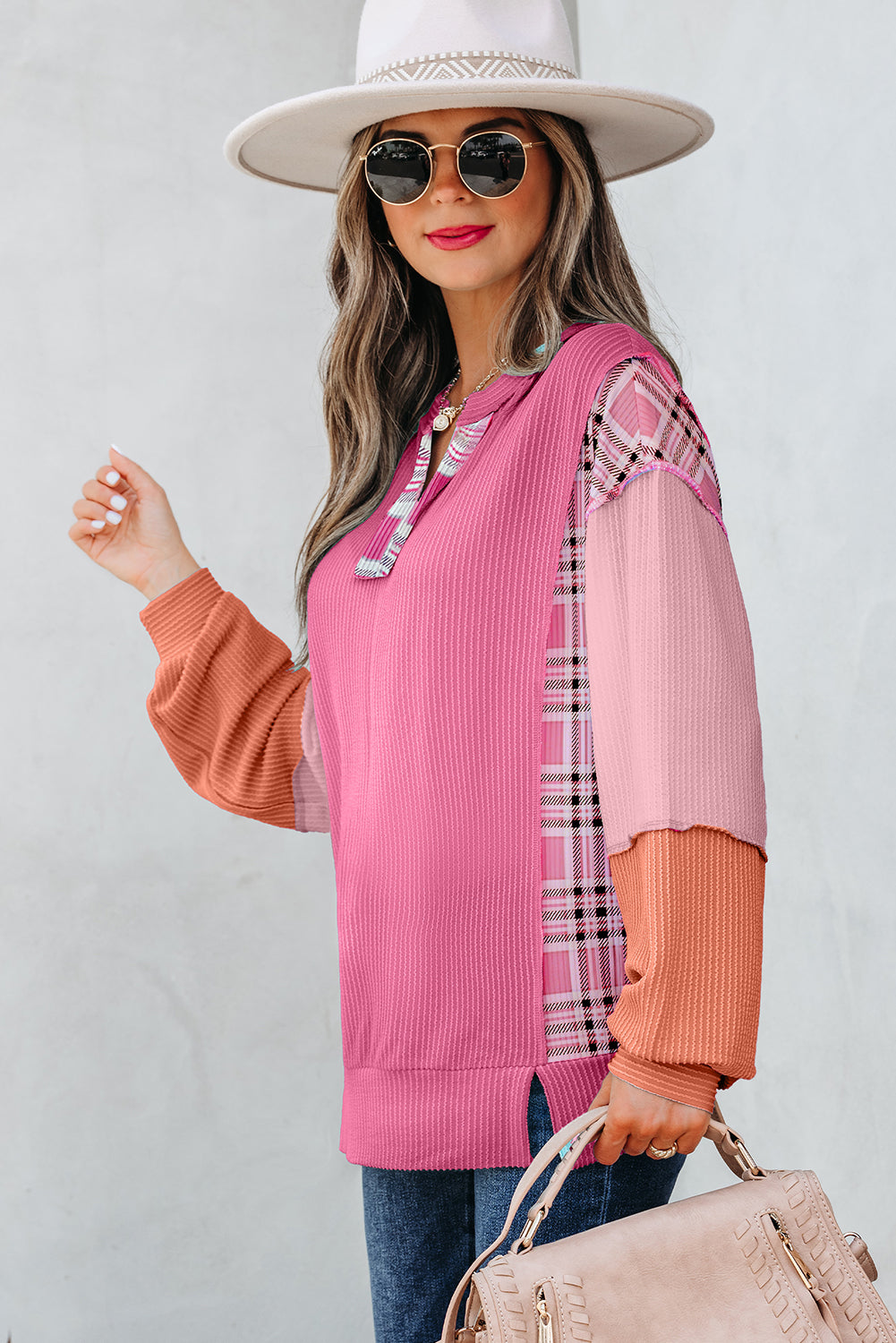 Rose Red Corded Texture Plaid Colorblock Patchwork Split Neck Long Sleeve Top